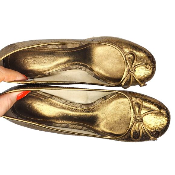 Coach Shoes Womens 6.5 Gold Metallic Crackled Bow Tie Wedge Espadrille Heels Y2k - Picture 9 of 13